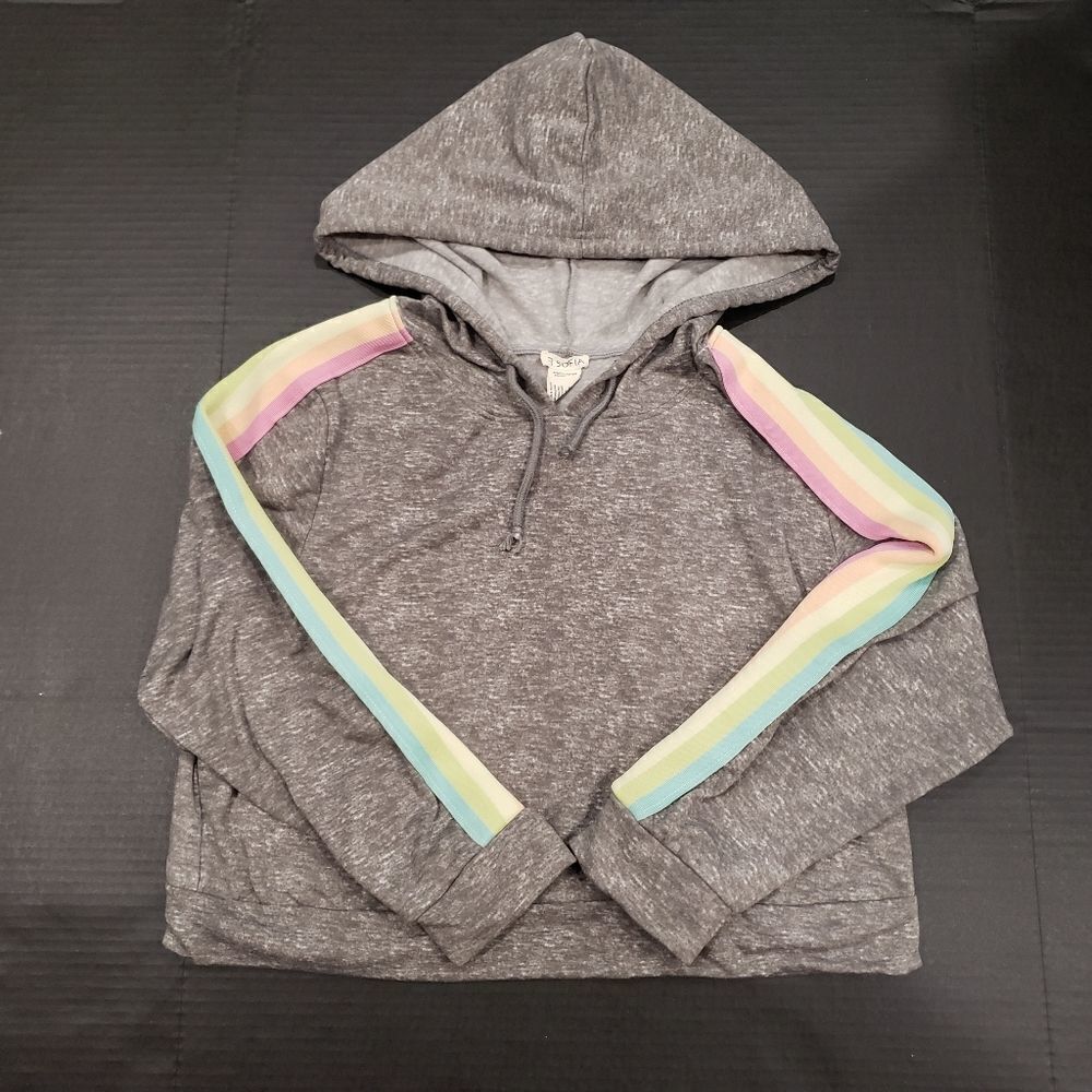 R.Sofia Grey Hoodie Cropped Rainbow Stripes